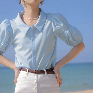 法式rixo franch复古泡泡袖衬衫女设计感淡蓝色雪纺衬衣短袖上衣