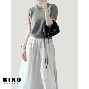 Rixo Franch灰色带钻圆领针织短袖女夏季减龄甜美百搭宽松毛衣T恤