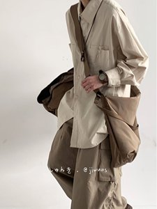 日系复古纯色基础款长袖工装衬衫男女休闲宽松衬衣外套内搭打底衫