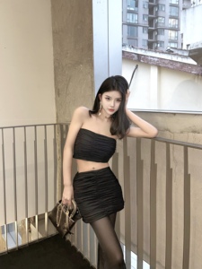夏媛原创 A炸了  褶皱黑色抹胸  设计感时尚拼接网纱裤女 两件套