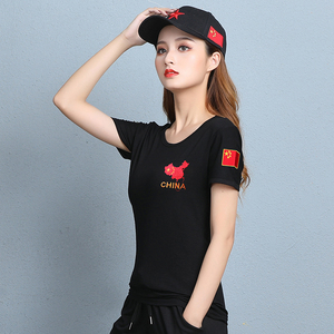 CHINA修身弹力女黑t夏季纯棉剌绣中国地图t恤迷彩半袖运动风短袖