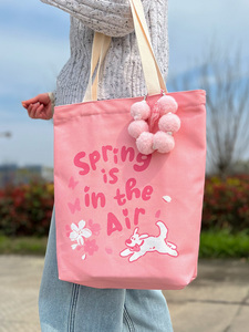 粉色托特帆布包包女2024新款学生小众设计感手提斜挎单肩大容量袋