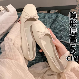 香港芭蕾舞鞋女2024年新款方头浅口蝴蝶结内增高软底瓢鞋真皮单鞋