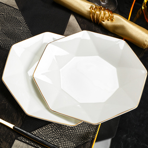 北欧金边骨瓷八角菜盘创意西餐盘子碟子家用陶瓷餐具白色碗碟套装