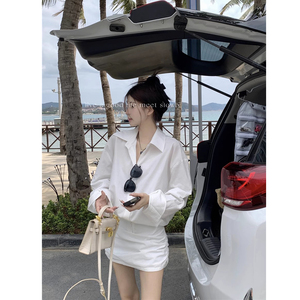 韩系chic长袖防晒衬衫连衣裙女春季2024新款小众气质显瘦白色短裙