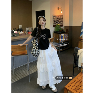 韩系套装女夏季蝴蝶结印花短袖T恤白色蕾丝蛋糕半身裙时尚两件套