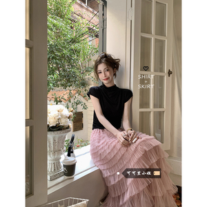 甜美粉色网纱蛋糕裙半身裙女夏季法式气质显瘦高腰A字裙超仙长裙