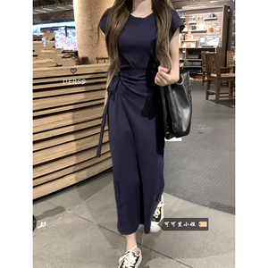 韩版chic纯色短袖连衣裙女夏季2024新款设计感系带收腰显瘦长裙子