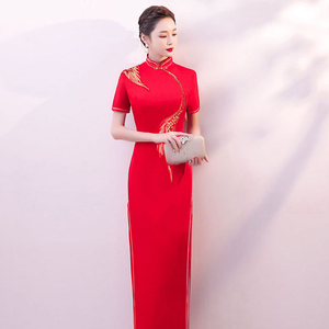 时尚红色长款短袖2024中国风庆典舞台表演礼仪模特形体走秀旗袍女