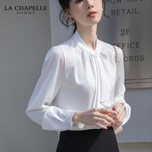 拉夏贝尔法式衬衫女春秋季优雅设计飘带领结白色长袖气质职业衬衣