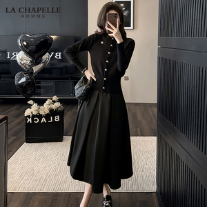 拉夏贝尔法式套装女小香风外套春秋新款针织黑色上衣半身裙两件套
