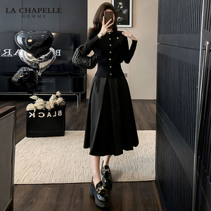 拉夏贝尔法式小香风套装女名媛气质春秋季针织套装黑色上衣半身裙