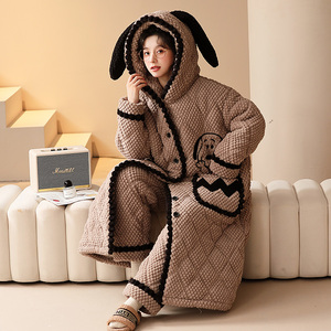 珊瑚绒睡袍女冬季睡衣加厚加绒三层夹棉袄可外穿中长款家居服套装