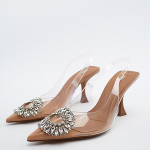 ZA2022年春季新品女鞋透明水钻气质仙女水晶穆勒鞋高跟鞋尖头凉鞋