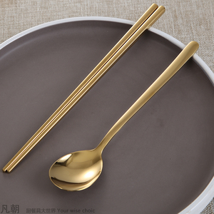 金色韩国筷子304不锈钢家用方形防滑韩式餐厅餐具加厚实心扁筷子