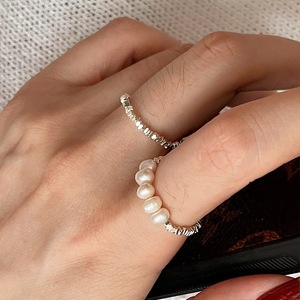 碎银珍珠手工戒指女韩版时尚个性S925银几何不规则串珠指环食指戒