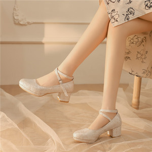 新中式国风女鞋配马面裙古风汉服鞋子旗袍刺绣高跟鞋玛丽珍小皮鞋