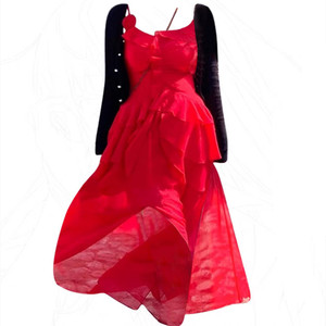 200斤外贸特大码女装速卖通亚马逊欧美风吊带沙滩红裙开衫不规则
