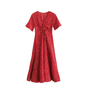 200斤外贸特大码女装速卖通亚马逊欧美风褶皱中长款复古波点红裙