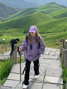 美式复古紫色冲锋衣女春秋新款外套户外防风防水登山徒步情侣夹克