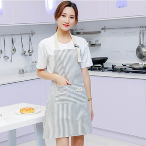 可爱日系系带可调家用厨房防污半身围腰布艺时尚透气条纹棉麻围裙