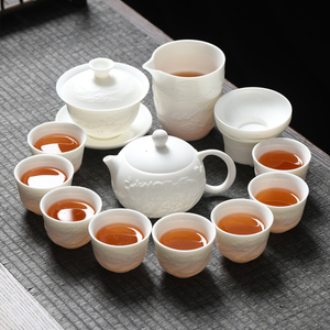 素烧白浮雕龙凤功夫茶具套装家用羊脂玉白瓷盖碗茶杯轻奢高档送礼