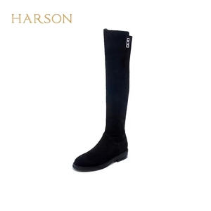 H225802哈森专柜正品2023冬款粗跟真皮弹力靴中跟高筒过膝女靴