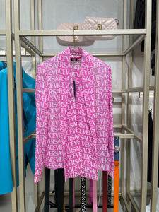 Versace范思哲3.5折代购女士3S粉色字母印花飘带真丝衬衫衬衣