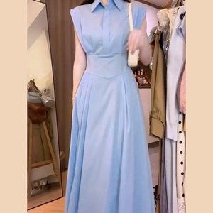 法式气质蓝色收腰显瘦无袖polo连衣裙子女夏季2024新款衬衫裙长裙