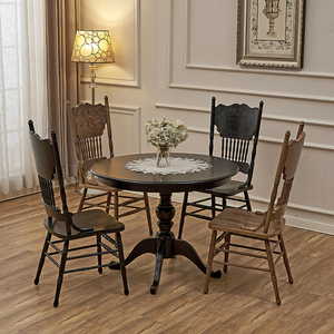 法式复古实木餐桌圆桌美式欧式中古橡木圆形饭桌小户型90厘米黑色