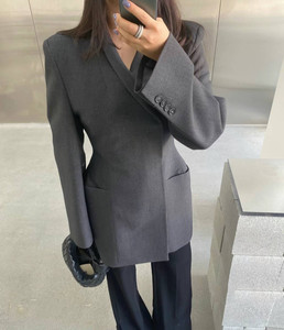 直邮（灰现6黑5）韩国代购EITHER沙漏腰显瘦气质长袖西装外套女