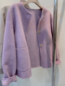 handmade紫色双面羊绒大衣女2024年新款短款圆领单排扣宽松外套潮