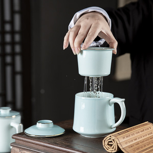 景德镇青釉陶瓷水杯泡茶水分离带盖过滤网办公马克杯青瓷送礼杯子