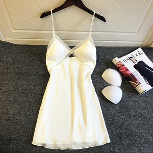 白色吊带睡衣女性感2023新款夏季薄款冰丝绸蕾丝带胸垫聚拢睡裙子