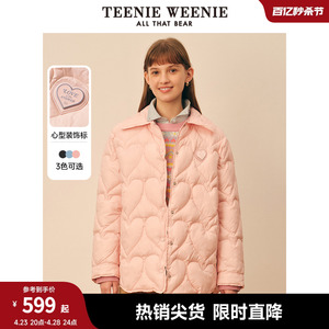 TeenieWeenie小熊秋冬中长绗棉服黑色棉袄衬衫式轻薄外套多巴胺粉