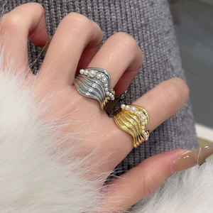 欧美小众设计复古流动珍珠宽版独特戒指女轻奢高级感情侣开口指环