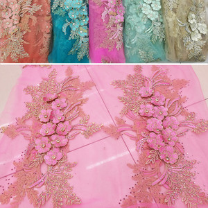 3D立体绣花朵 粉红 荷花边 钉钻烫满钻 刺绣蕾丝面料 连衣裙 布料