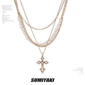 SUMIYAKI 美式巴洛克珍珠十字架项链 高级感哑古金多层叠带毛衣链