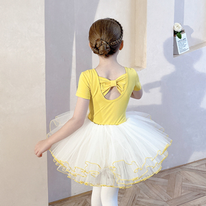 儿童舞蹈服黄色夏季短袖女童练功服纱裙幼儿芭蕾舞裙中国舞练舞衣