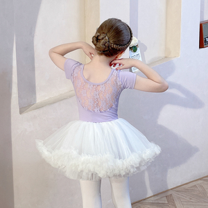 儿童舞蹈服夏季短袖练功服女童白色蕾丝裙纱裙凸凸裙幼儿芭蕾舞裙