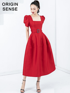 欧式泡泡袖精致女人味束腰显瘦赫本风优雅气质轻熟女大红色连衣裙