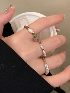 巴洛克天然石珍珠戒指女复古小众设计感食指戒彩色串珠碎银子指环