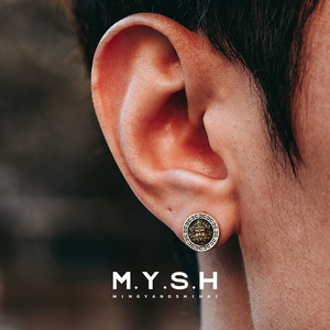 MYSH 925纯银3d立体黄财神耳钉男士圆形耳饰耳环潮高级感原创设计
