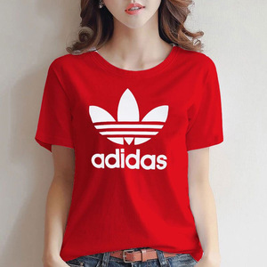 adidas阿迪达斯三叶草短袖女装2024春夏季运动半袖纯棉红色T恤