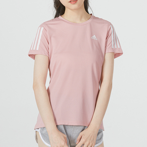 阿迪达斯短袖女2024夏季新款健身运动跑步服粉色透气T恤HD0641