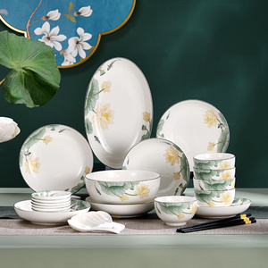 裕行陶瓷餐具套装中式莲年有鱼釉中彩瓷器碗盘碟子鱼盘微波炉适用