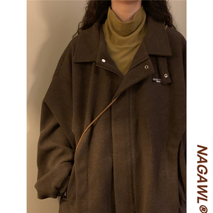 NAGA自制冬季宽松美式复古咖色飞行员夹克外套女加厚保暖毛呢大衣