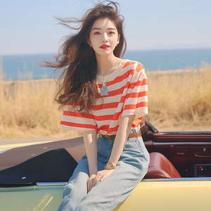 夏季新款小衫韩系chic洋气独特别致漂亮上衣时尚百搭条纹短袖T恤