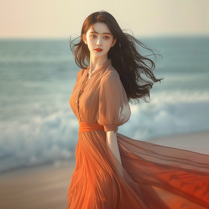 2024夏季新款三亚海边度假沙滩长裙甜美森系橘色雪纺衬衫连衣裙女