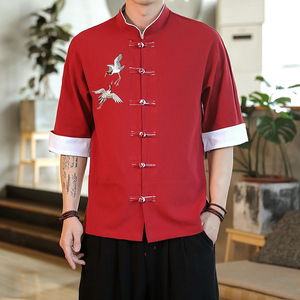 立领短袖衬衫夏季棉麻中国风男装大码盘扣复古仙鹤刺绣七分袖衬衣